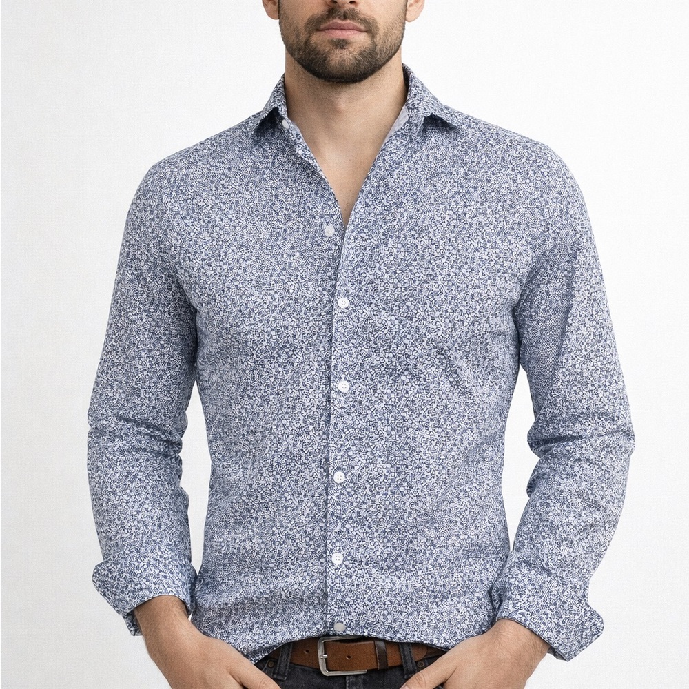 Medium Calvin Klein Men's Navy Floral Button Down Shirt